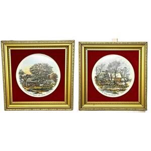 Vintage Currier & Ives Framed Porcelain Set of 2 - Autumn & Winter Plaques